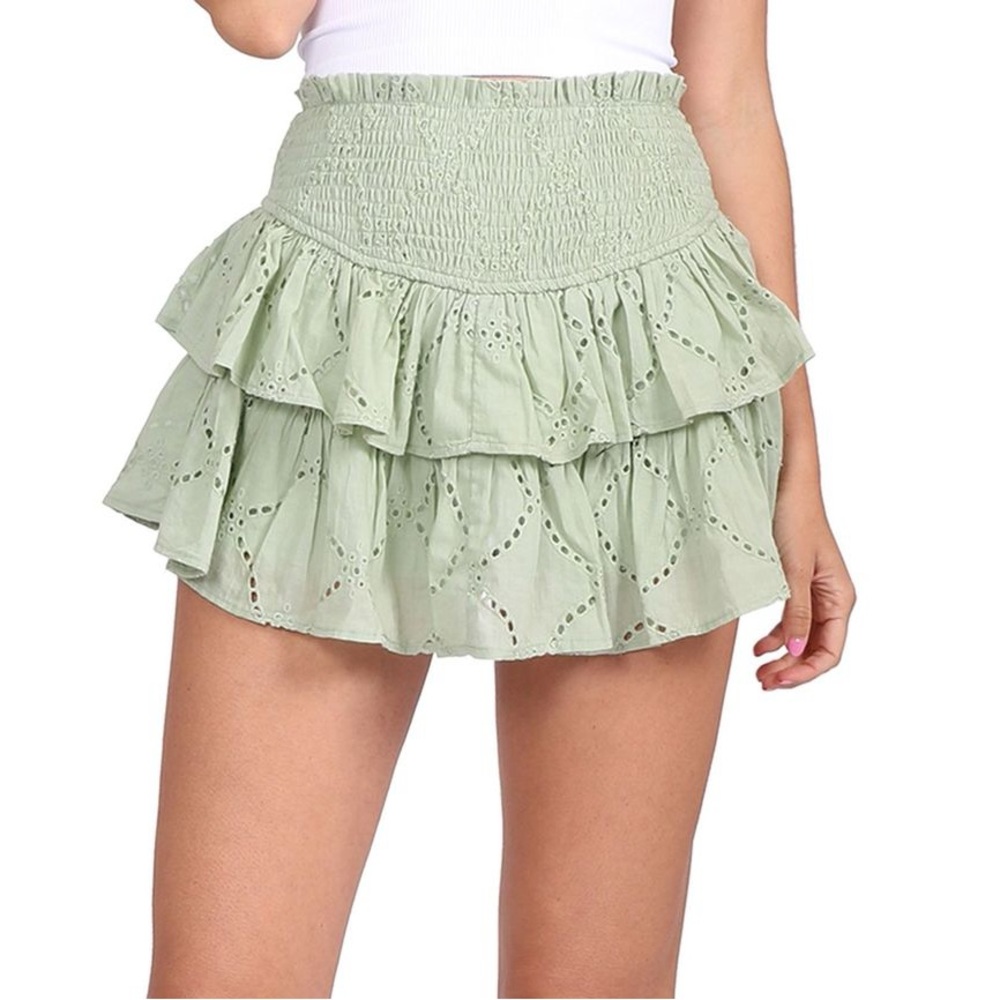 Green eyelet stretchy ruffle skirt